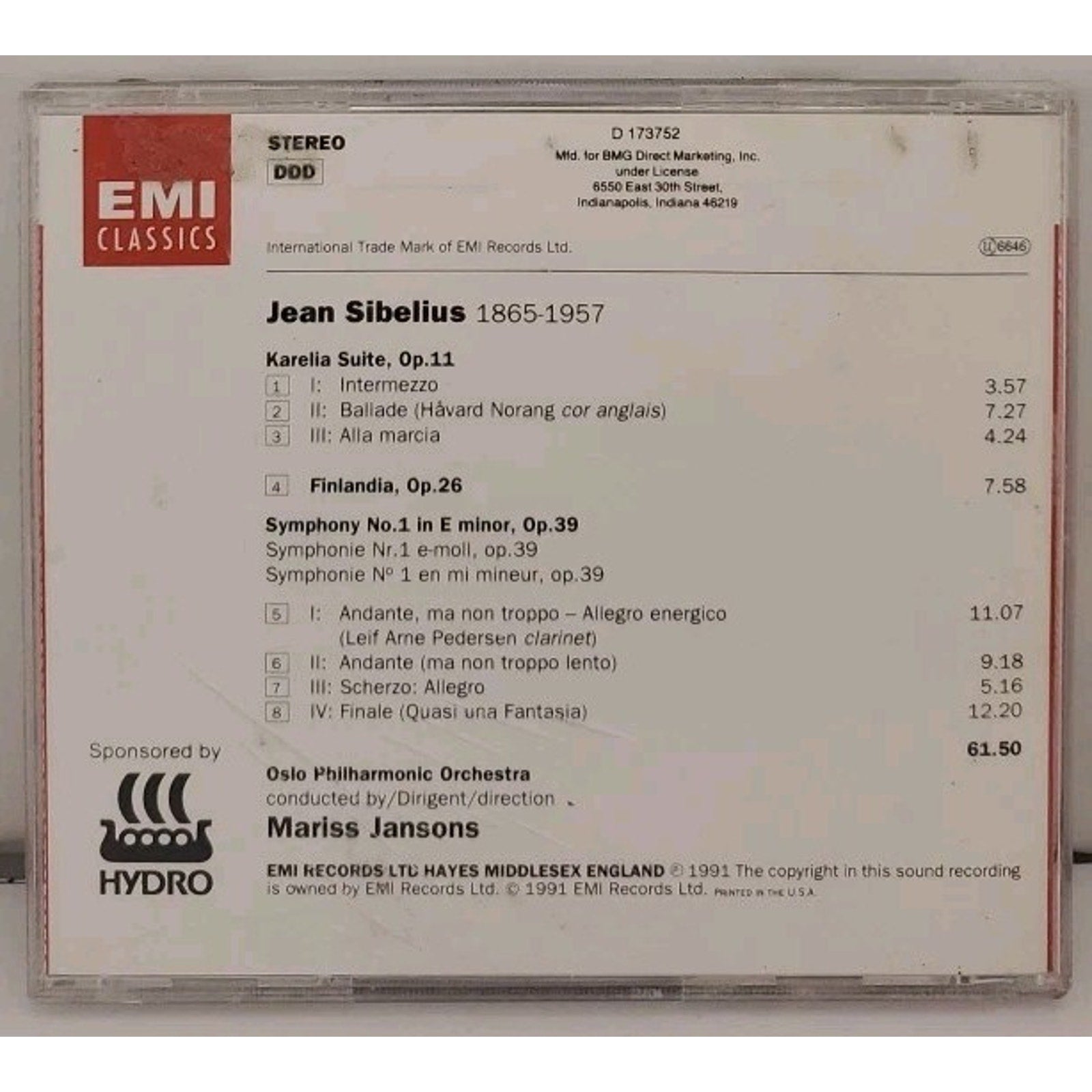 Jean Sibelius Symphony No 1 Karelia Suite Finlandia CD 8 Cuts