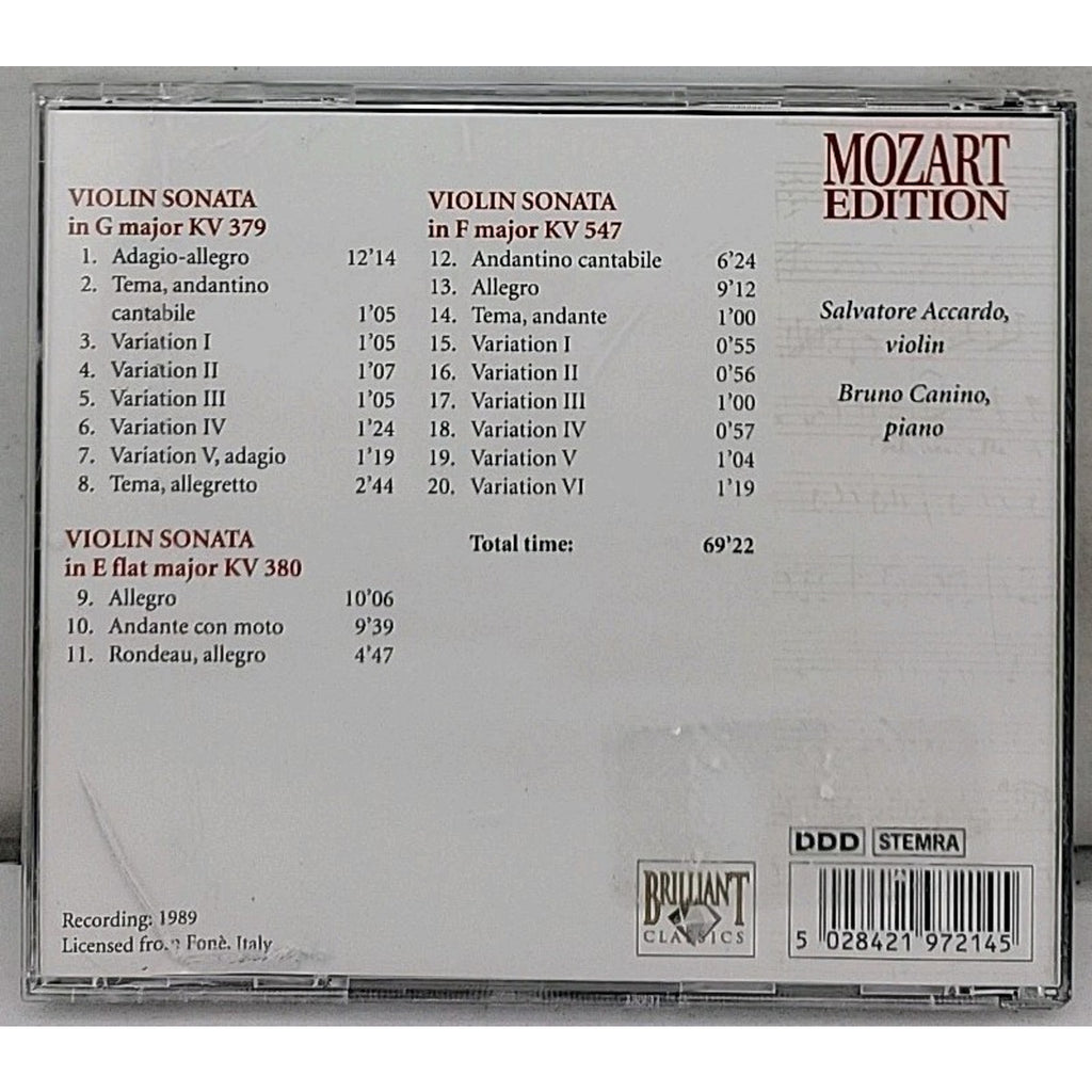 CD Mozart Violin Sonatas KV 379-380-547 Wolfgang Amadeus 1989 DDD