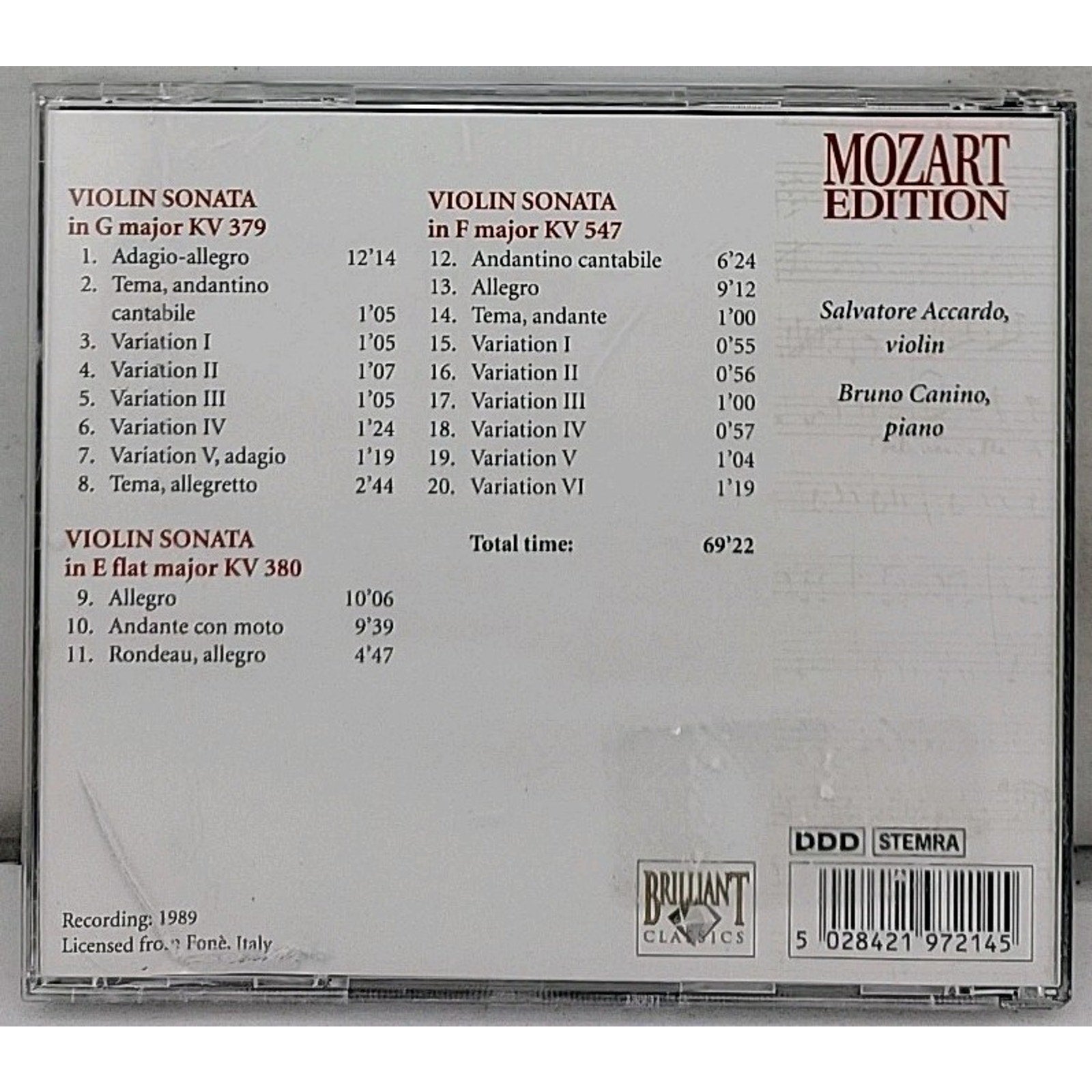 CD Mozart Violin Sonatas KV 379-380-547 Wolfgang Amadeus 1989 DDD