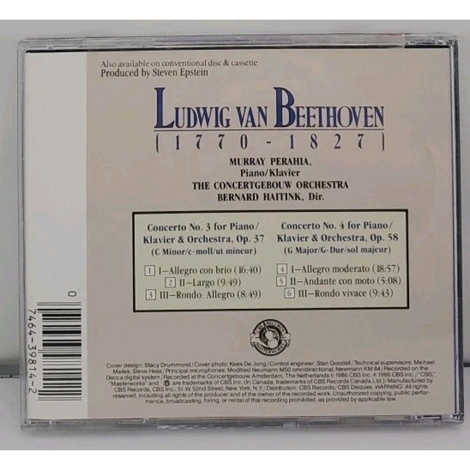 Piano Concerti 3 & 4 by Beethoven / Perahia / Haitink / Cgb (CD, 1986)
