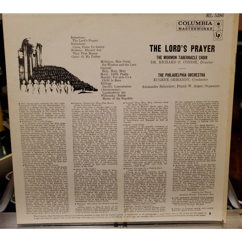 The Lord's Prayer Morman Tabernacle Choir Record ML 5386