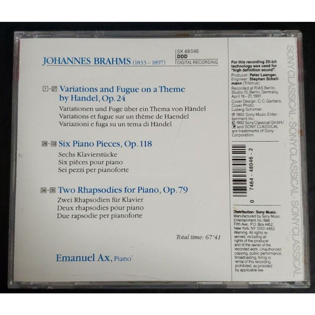 Brahms: Handel Variations; Six Piano Pieces; Two Rhapsodies (CD, Jun-1992, Sony
