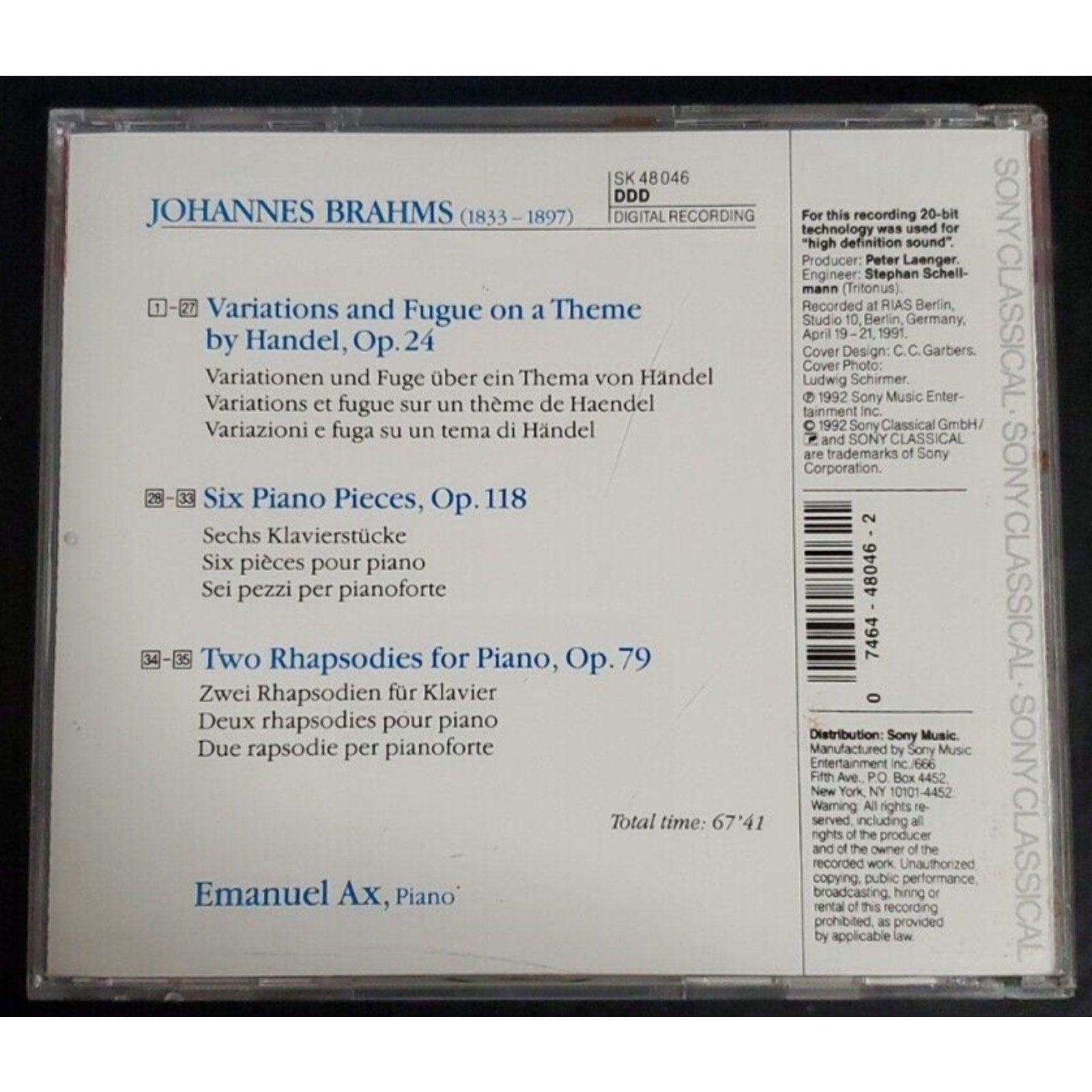 Brahms: Handel Variations; Six Piano Pieces; Two Rhapsodies (CD, Jun-1992, Sony