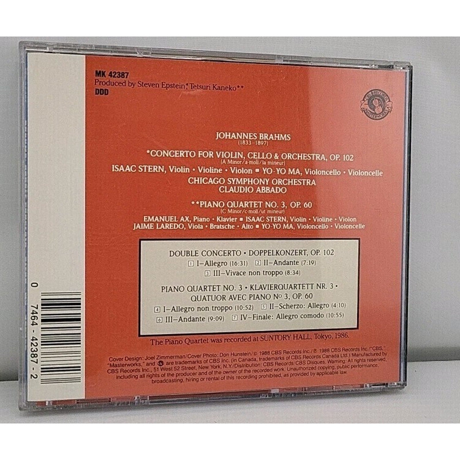 Double Concerto Piano Qrt #3 by J. Brahms (CD, 1990)