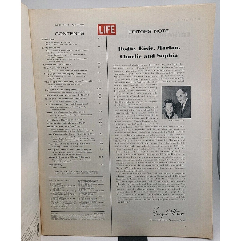 Life Magazine Sophia Loran And Charlie Chaplin Year April 1st 1966