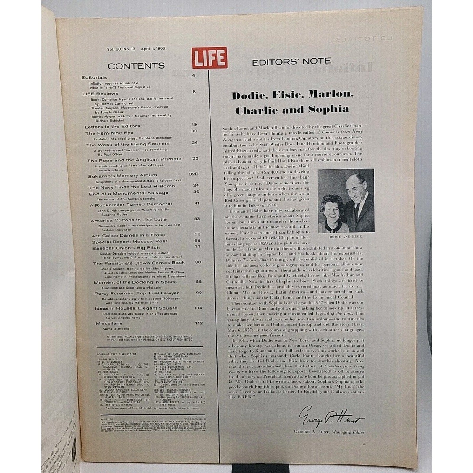 Life Magazine Sophia Loran And Charlie Chaplin Year April 1st 1966