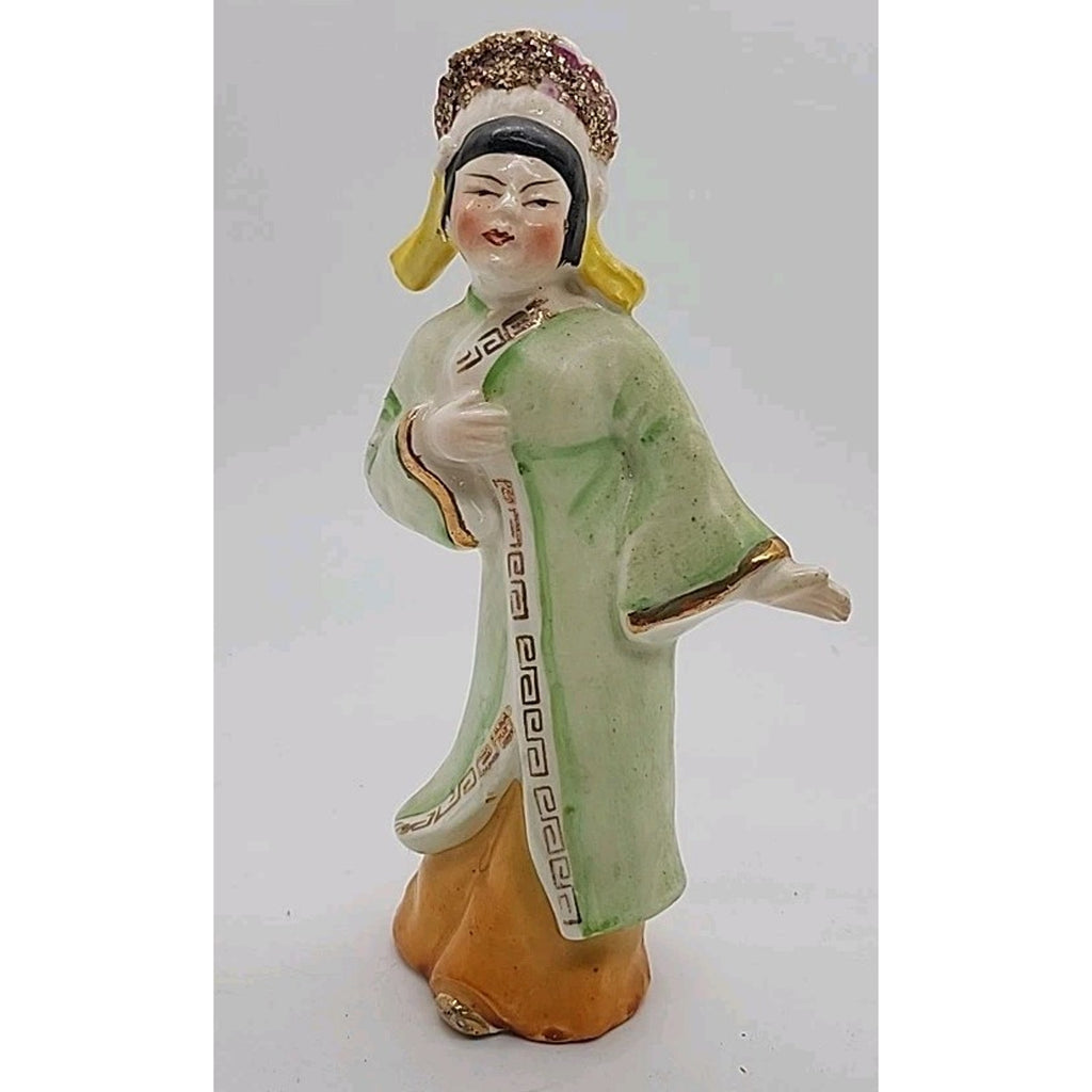 Asian Woman in Green/Orange Dress Porcelain Figurine