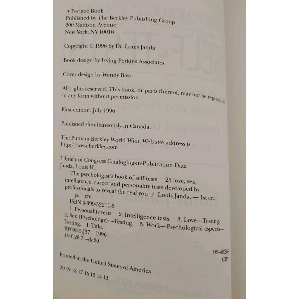 Psychologist's Book of Self-Tests : 25 Love, Sex, Intelligence, Career, and...