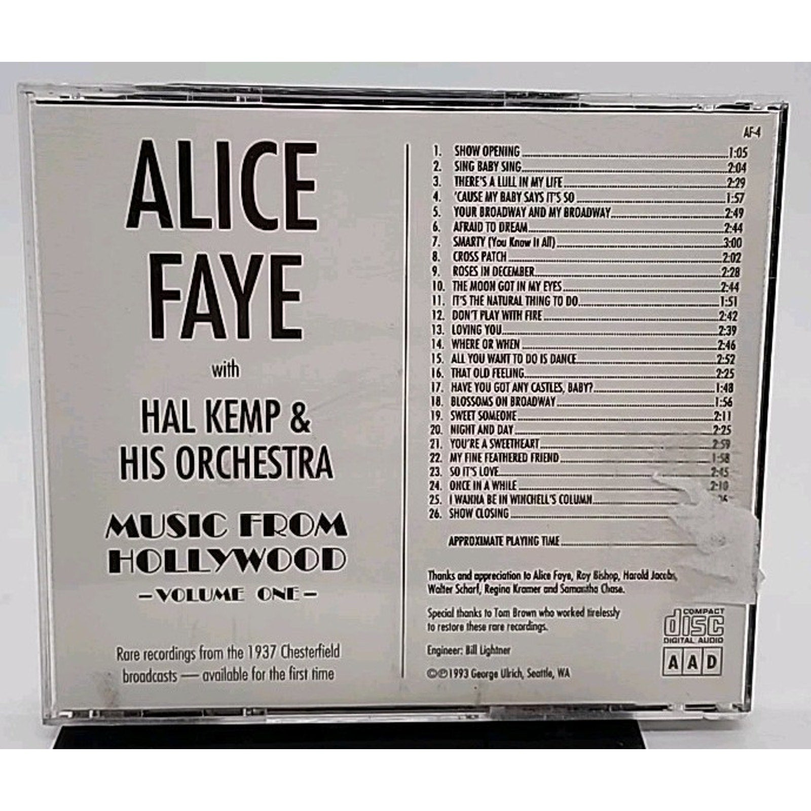 Alice Faye - Hal Kemp Orch. "Music From Hollywood" Vol. 1- 1937 Broadcasts - CD