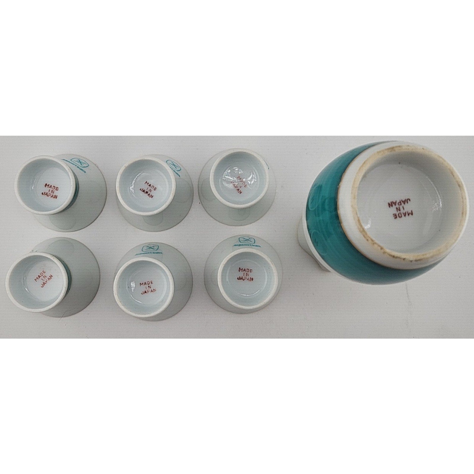 Vintage Sawanotsuru Sake Set Aqua Blue Gold Accent Made In Japan 7pc