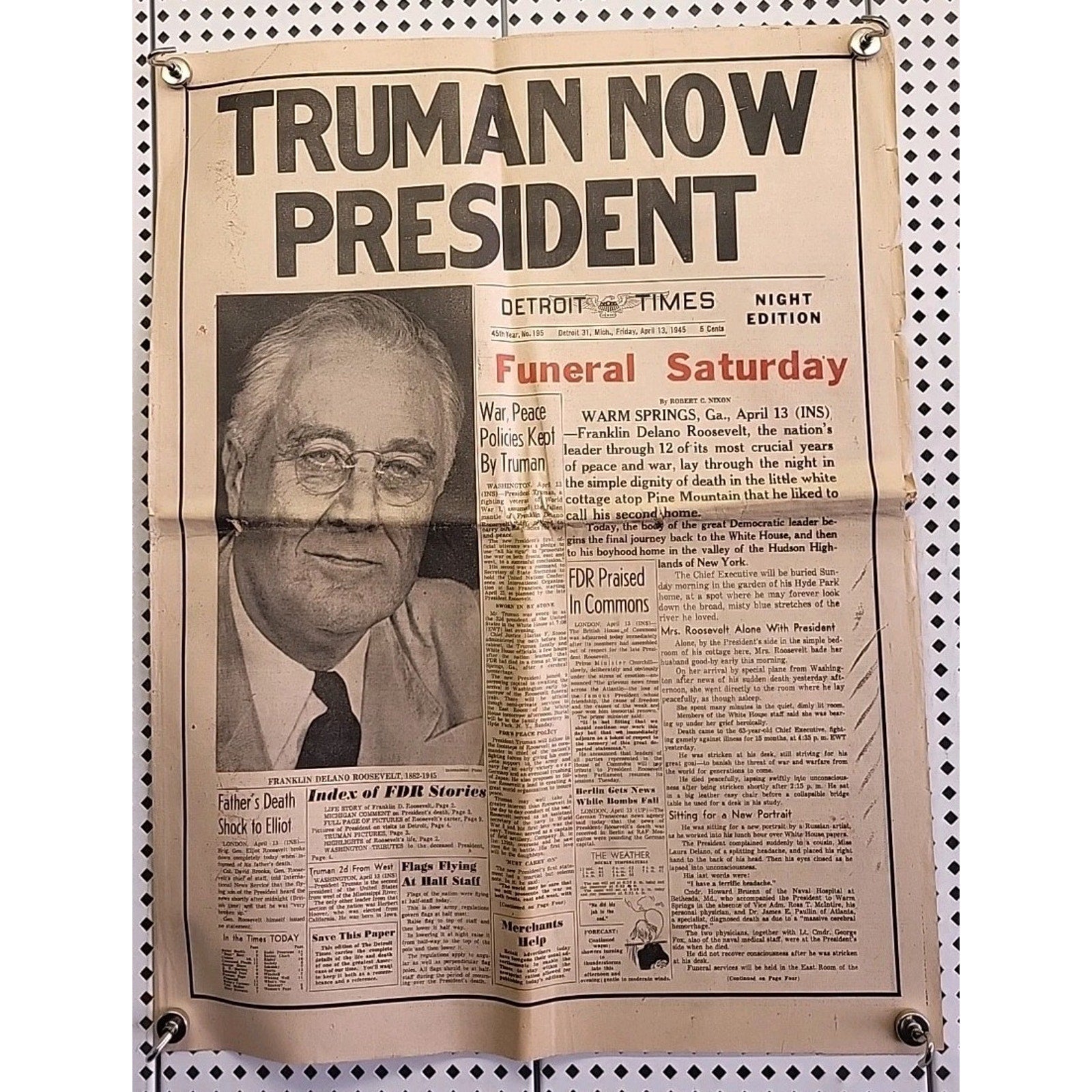 Detroit Times Newspaper: Truman Now President - April 13 1945 - 45th Year No.195
