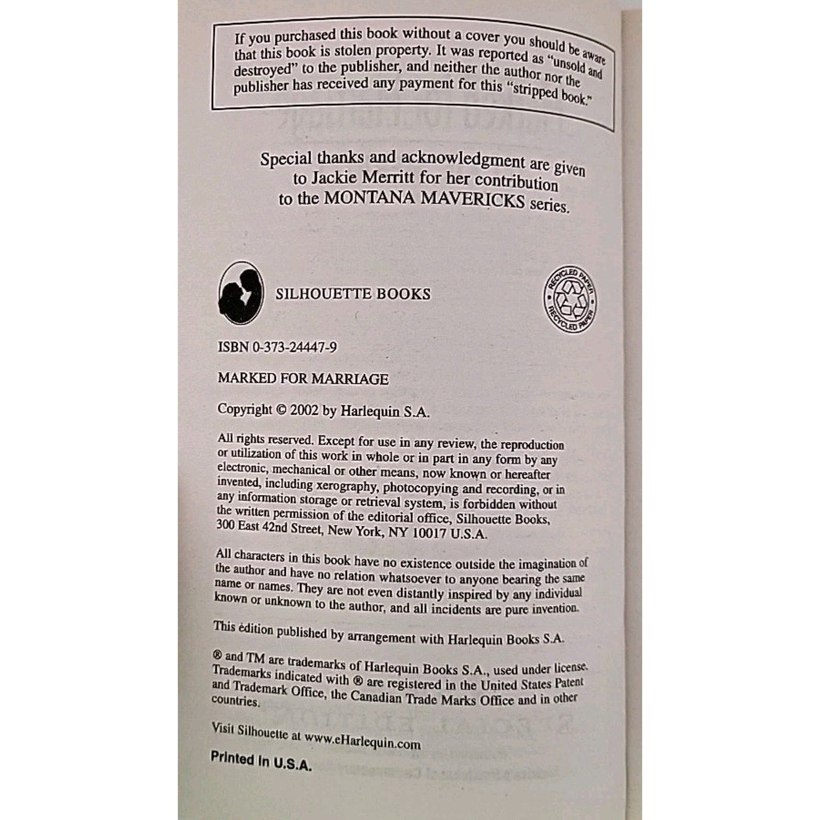 Marked for Marriage by Jackie Merritt (2002, Mass Market)