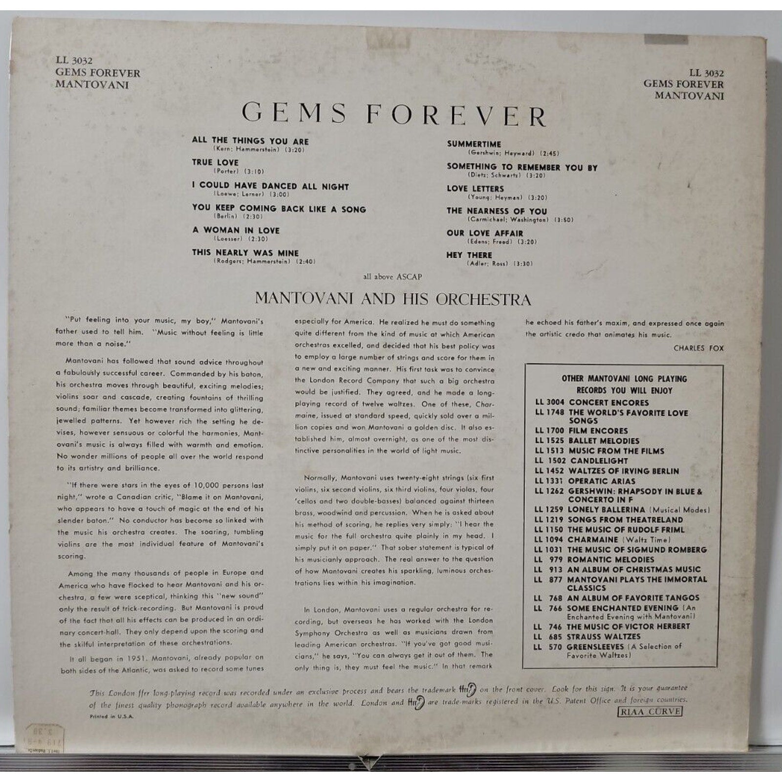 Mantovani And His Orchestra – Gems Forever (Record)