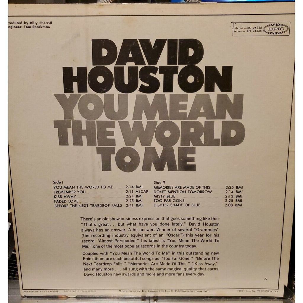 David Houston You Mean The World To Me (Record)