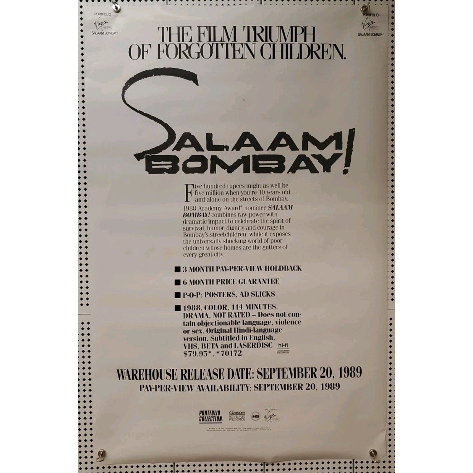 1989 Salaam Bombay! Home Video Movie Poster 26X40 Rolled 1 Sheet