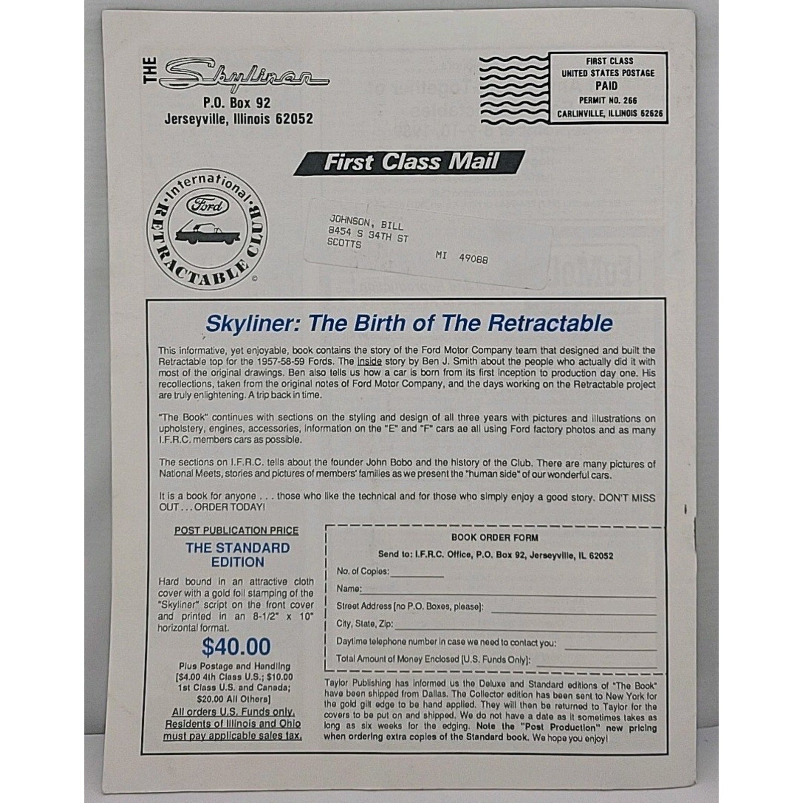 The Skyliner - International Retractable Club - August 1989 Number 107