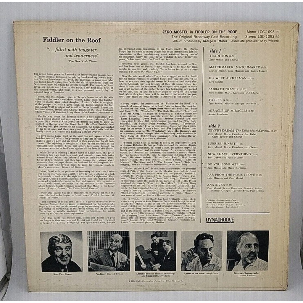 Zero Mostel Fiddler on the Roof Record Album Vinyl LP