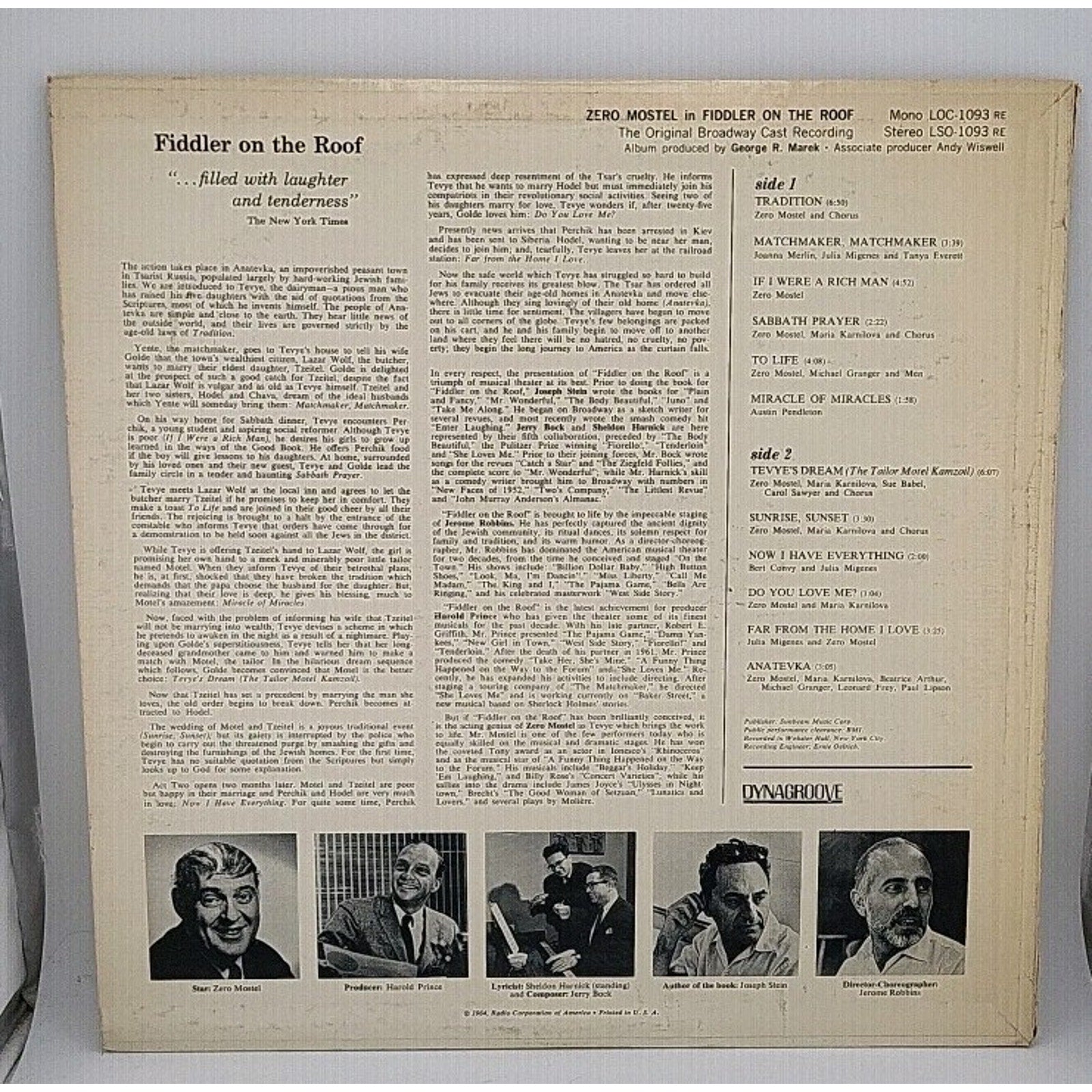 Zero Mostel Fiddler on the Roof Record Album Vinyl LP