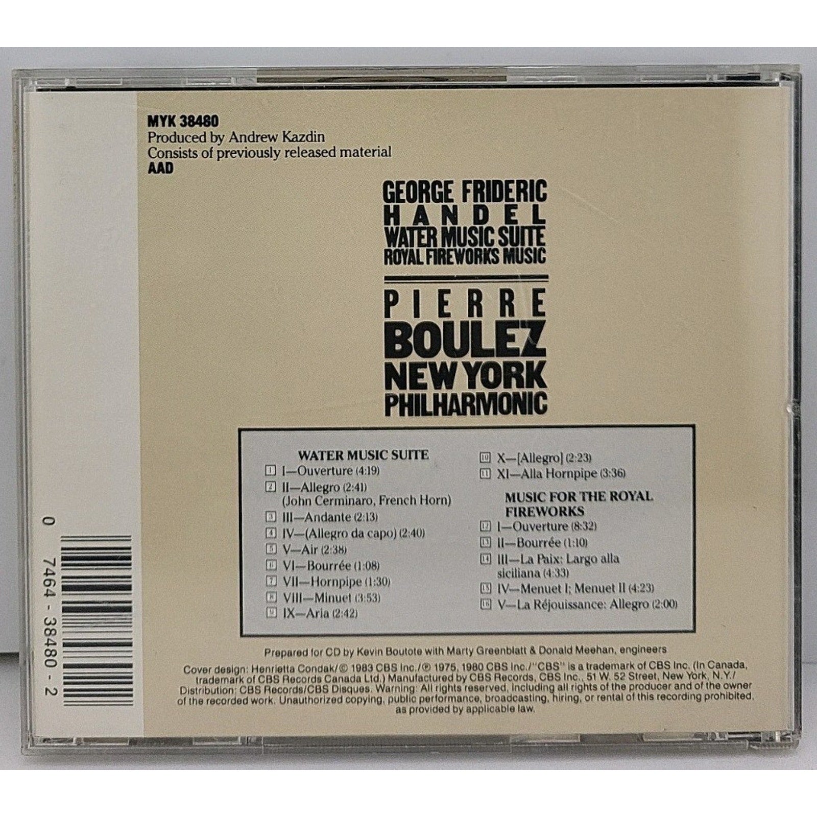 Water Music Suite Royal Firewor by Handel / Boulez / Nyp (CD, 1990)