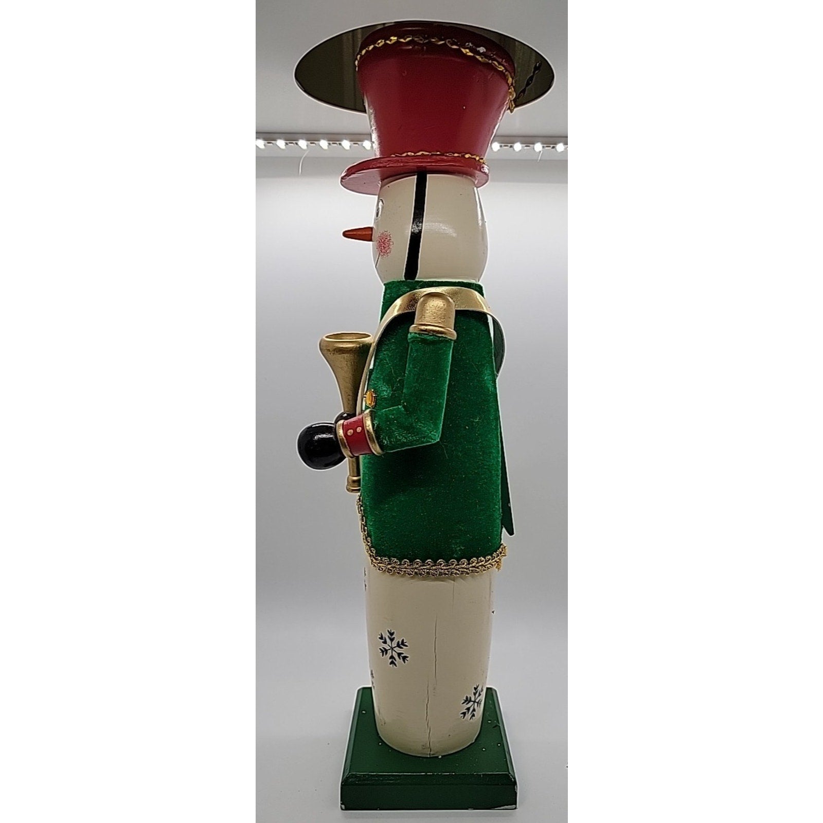 15" Wooden Snowman Nutcracker Green Velvet Vest / Red Hat