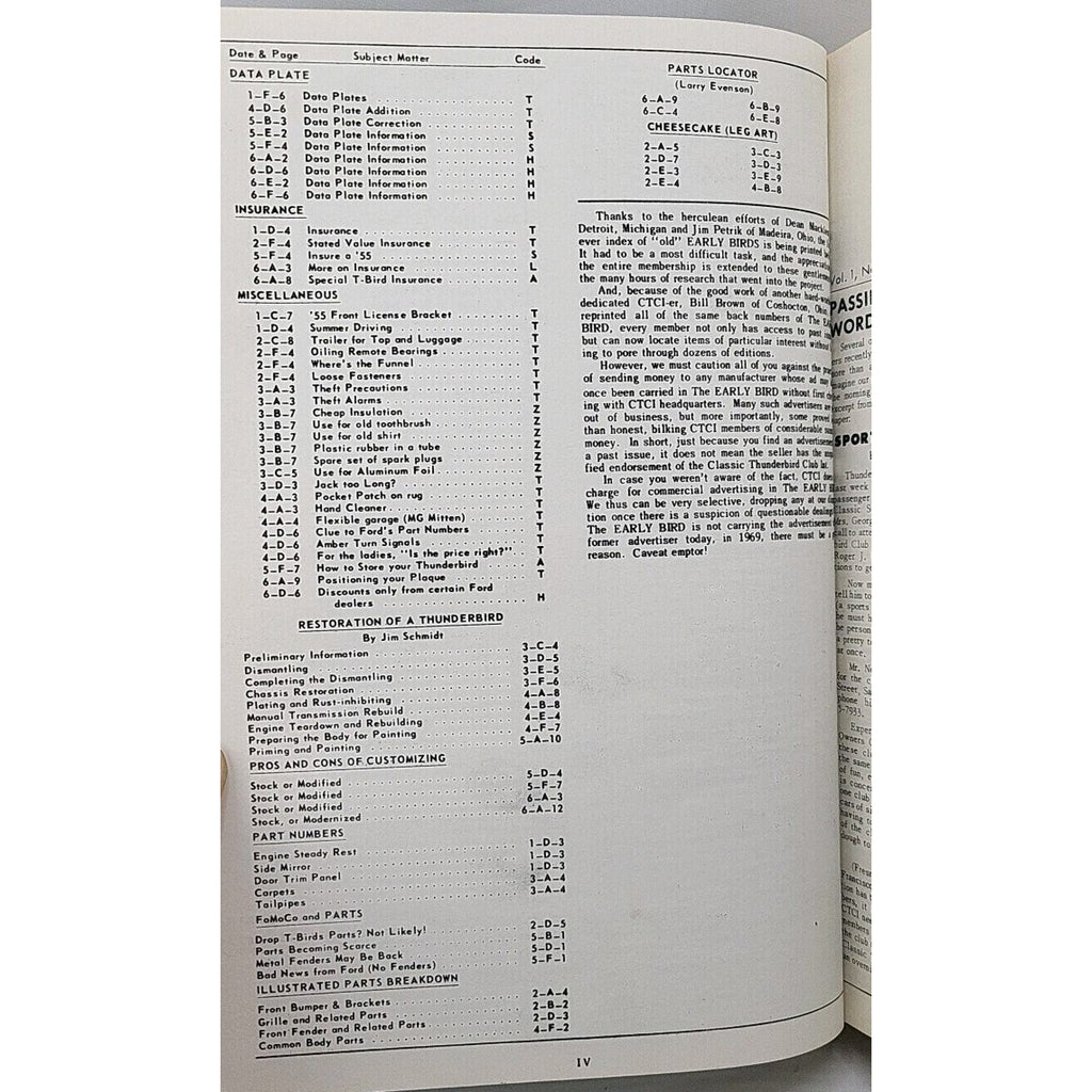 The Early Bird 1963-1968 Index Classic Thunderbird Club International (CTCI)