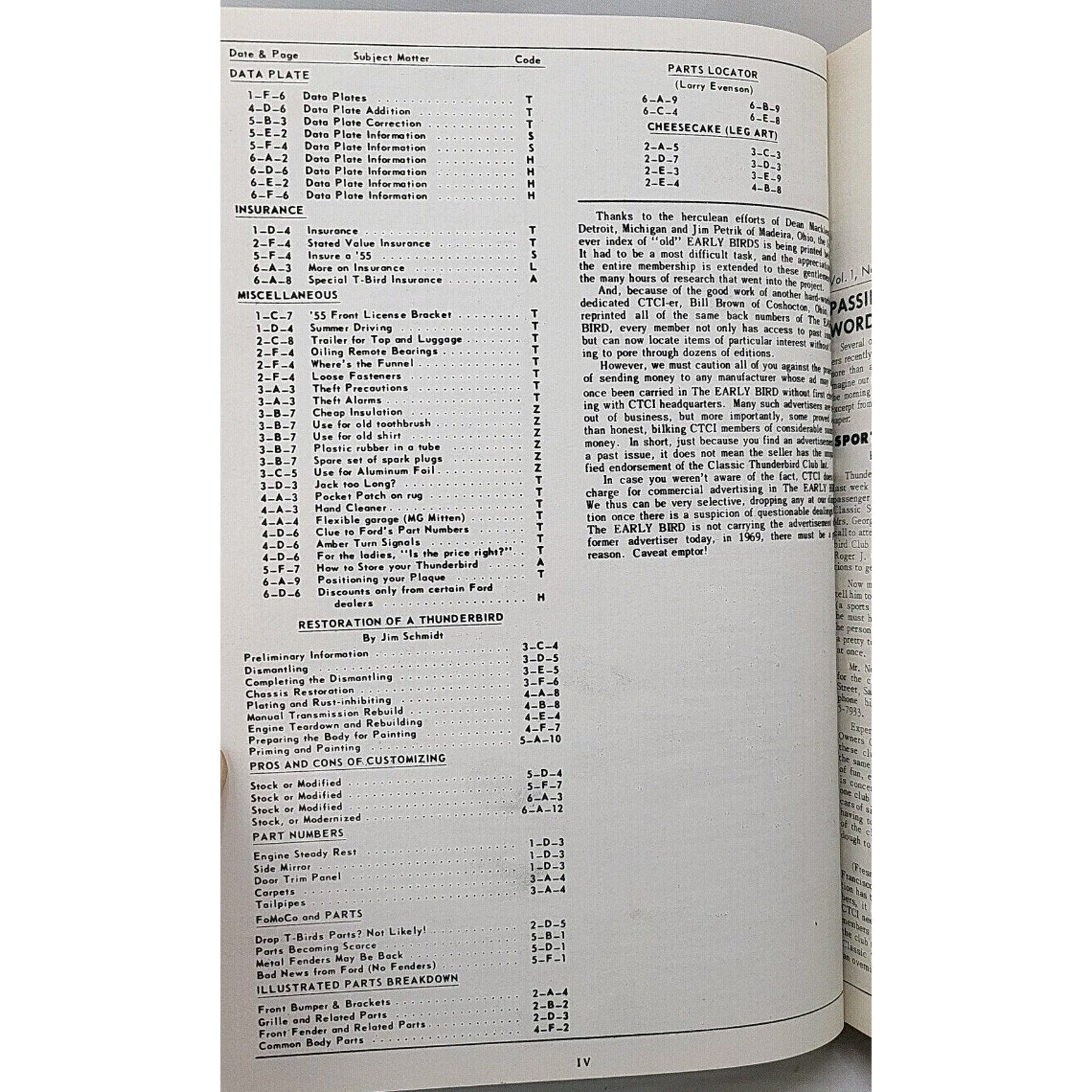 The Early Bird 1963-1968 Index Classic Thunderbird Club International (CTCI)