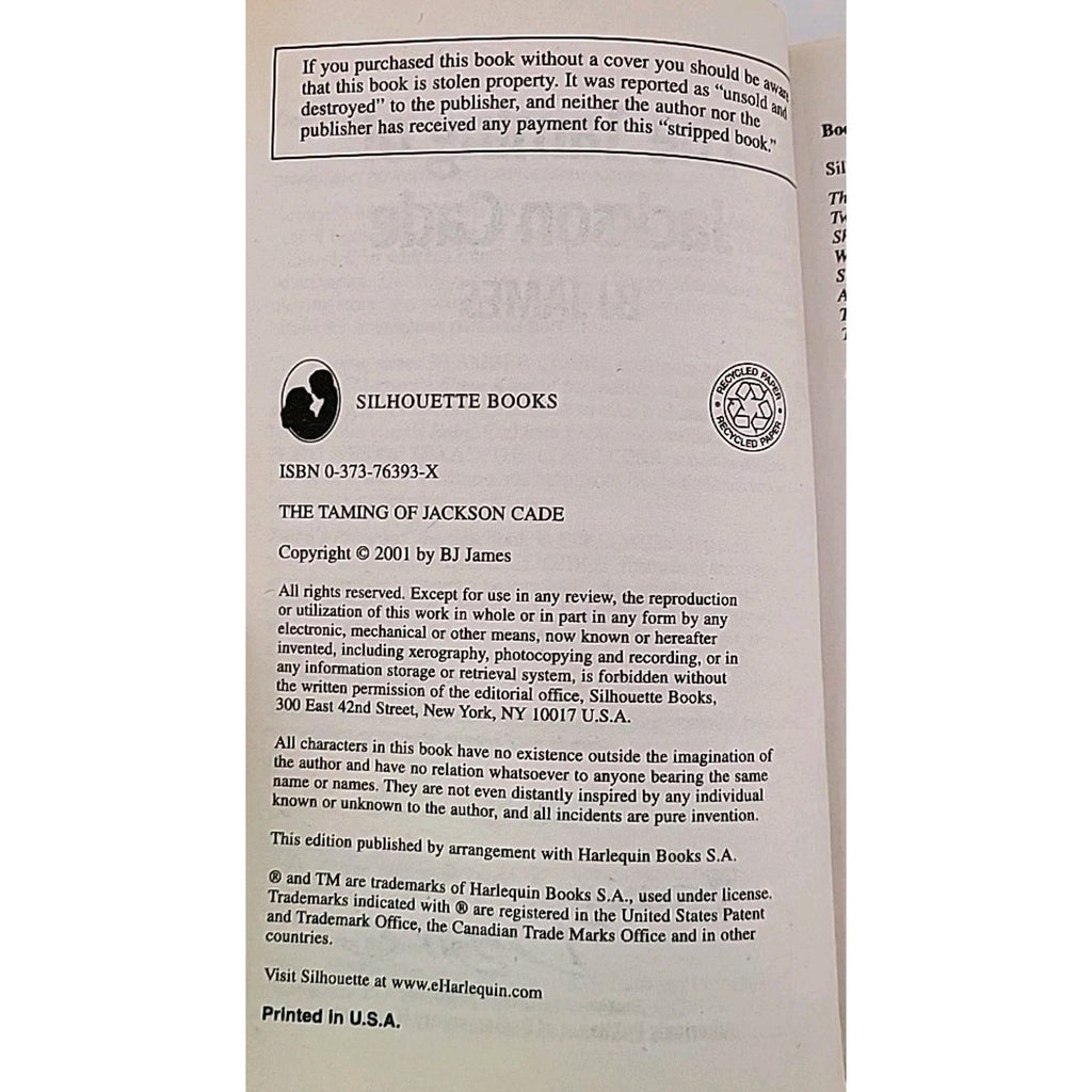 Taming of Jackson Cade by B. J. James (2001, Mass Market)