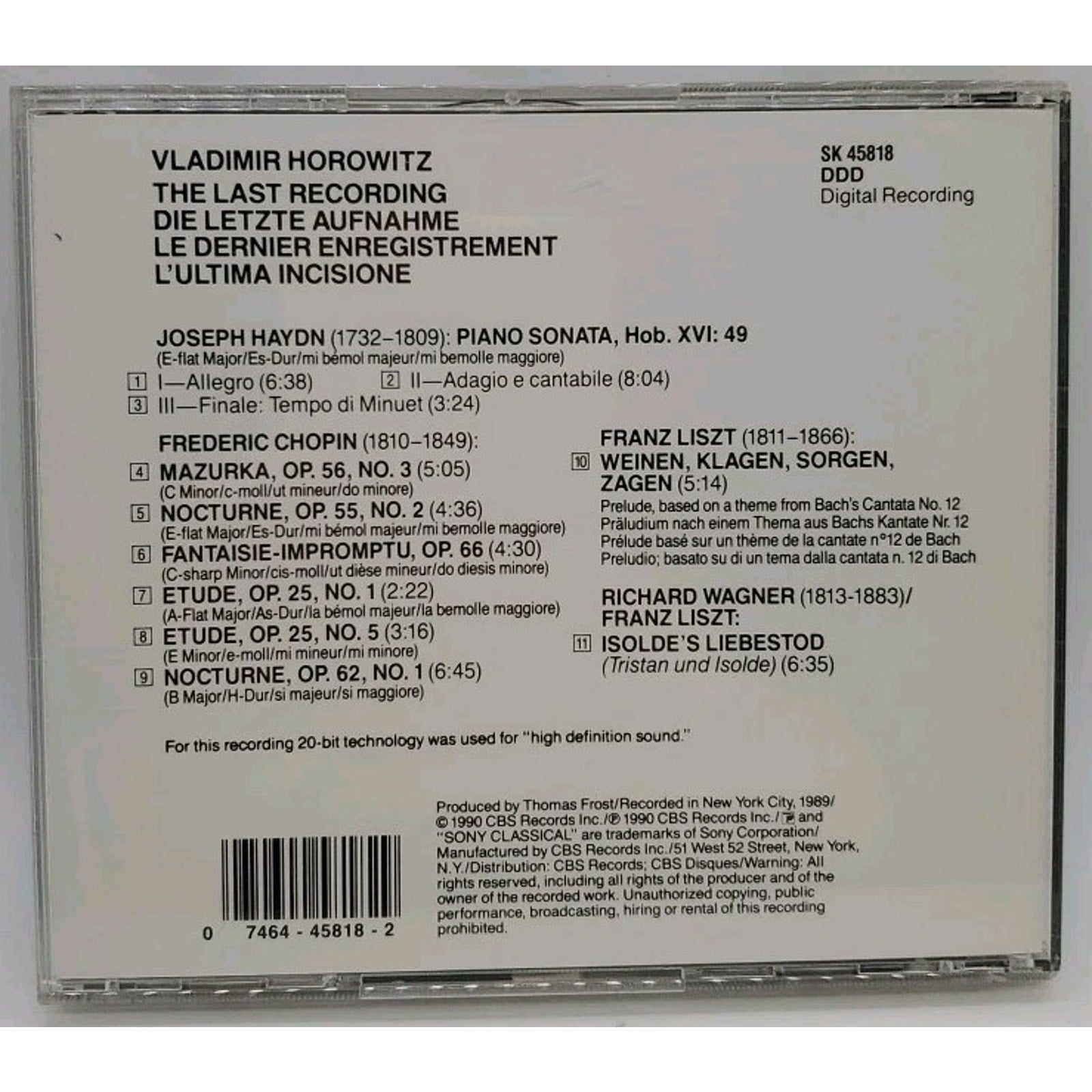 Last Recording by Vladimir Horowitz (CD, 1990)