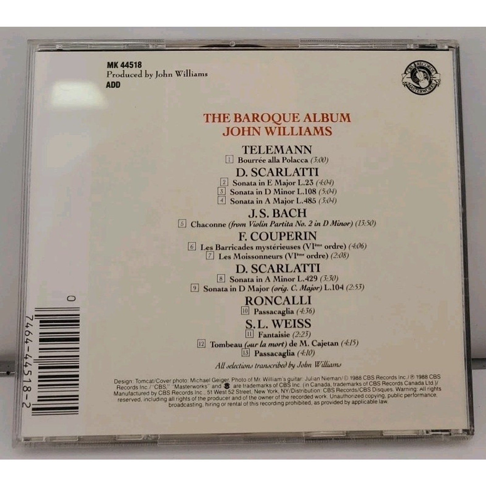 Baroque Album by Williams, John (CD, 1988)