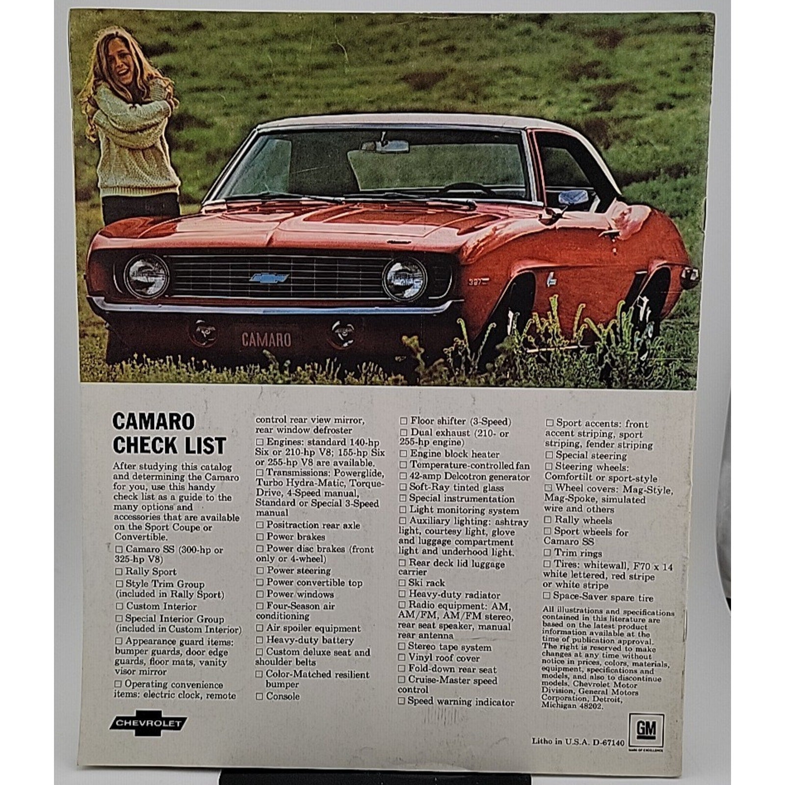 1969 Chevy Camaro Flyer Car Info Original Poster Brochure