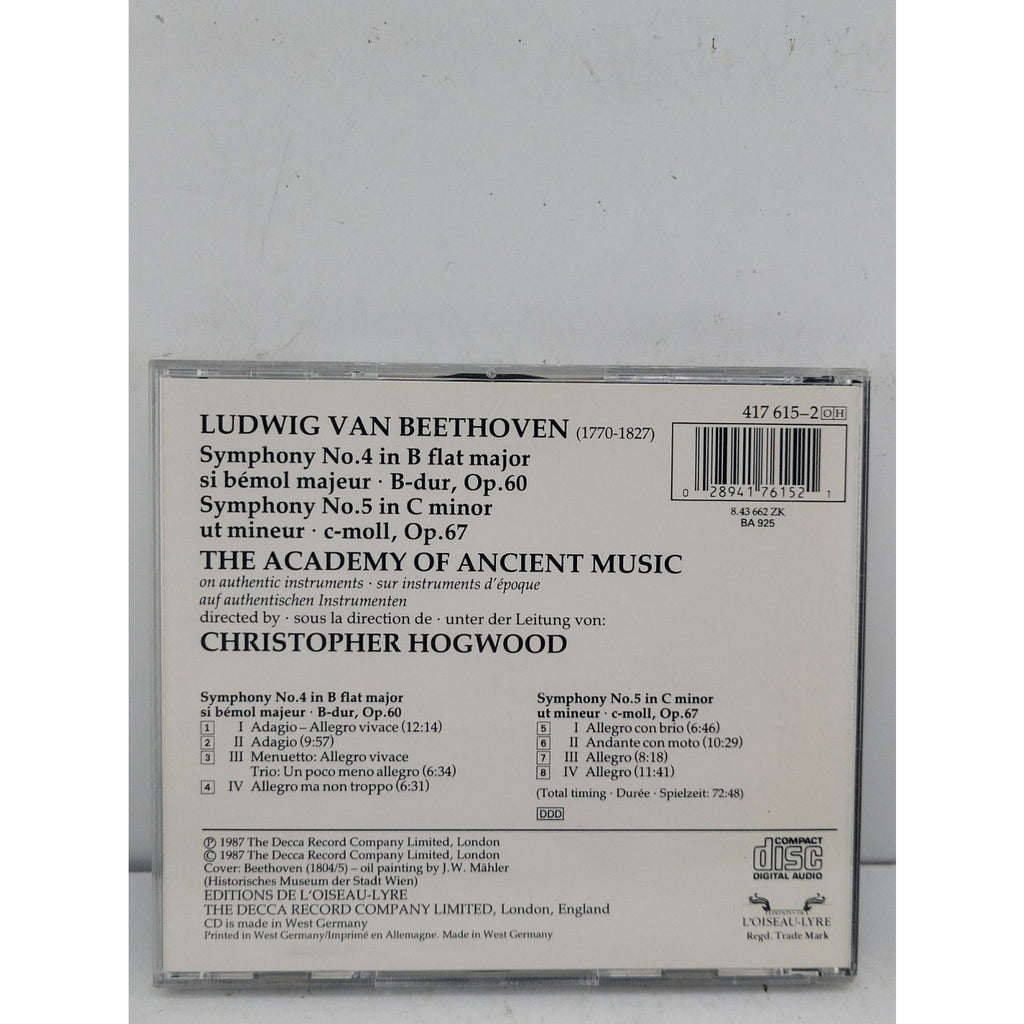 Beethoven: Symphonies 4 & 5 ;h by Academy of Ancient Music; Hogwood, Christopher