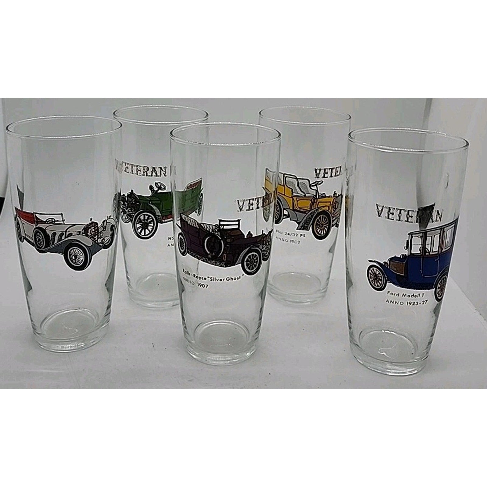 Set Of 5 Vintage Veteran Classic Car Glasses Early 1900s Cars