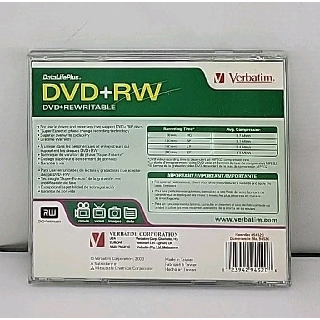 Verbatim DVD+RW 120Min 4X Write Speed 4.7GB 1 Single Jewel Case Rewritable