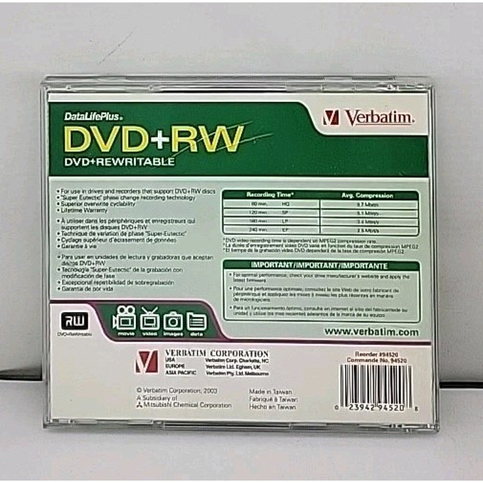 Verbatim DVD+RW 120Min 4X Write Speed 4.7GB 1 Single Jewel Case Rewritable