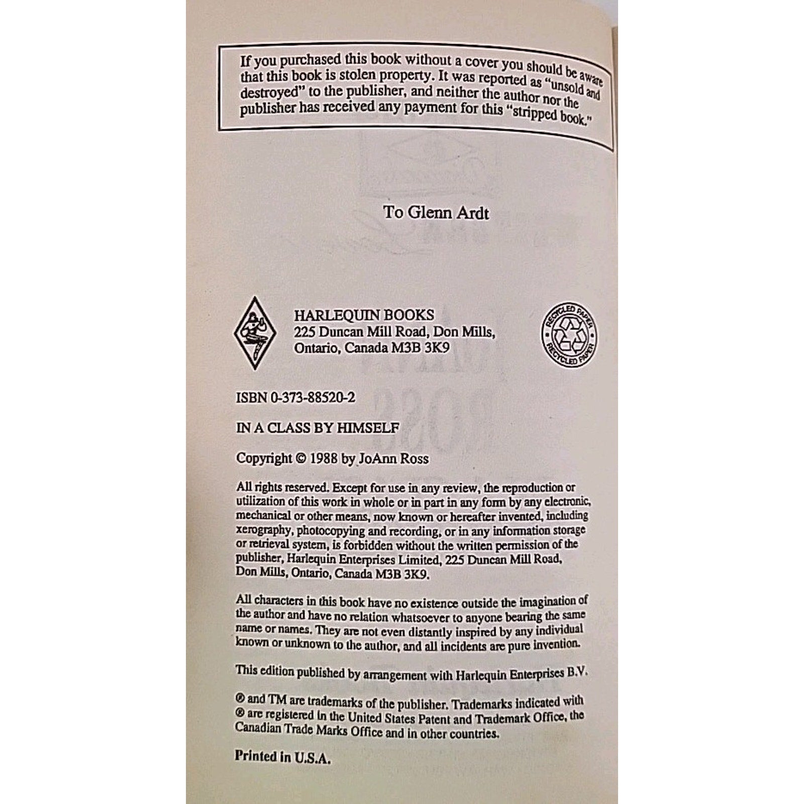 In a Class by Himself by Joann Ross (1995, Mass Market)