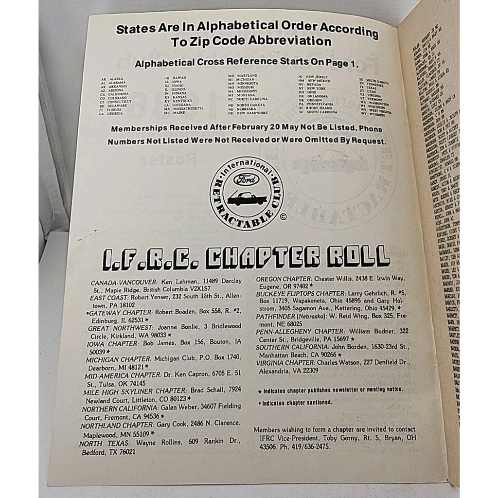 International Ford Retractable Club - 1986 Membership Roster