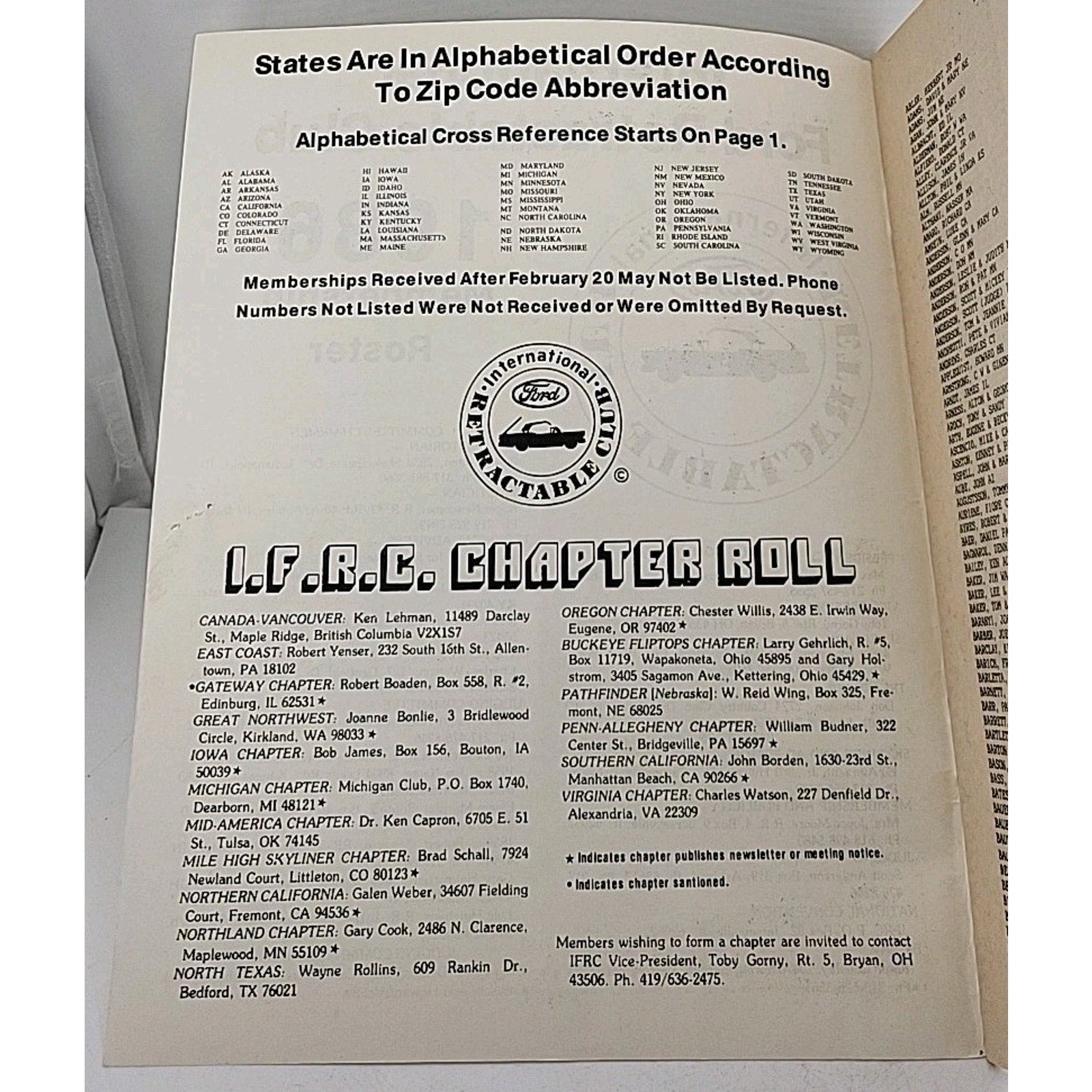 International Ford Retractable Club - 1986 Membership Roster