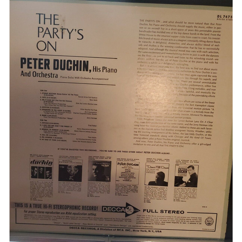 33 RPM Vinyl Peter Duchin His Piano and Orchestra Decca Records 050114ame