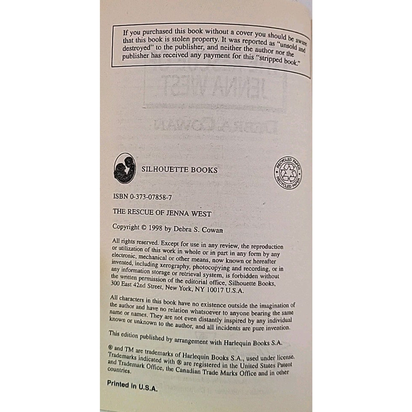 Rescue of Jenna West by Debra Cowan (1998, Mass Market)