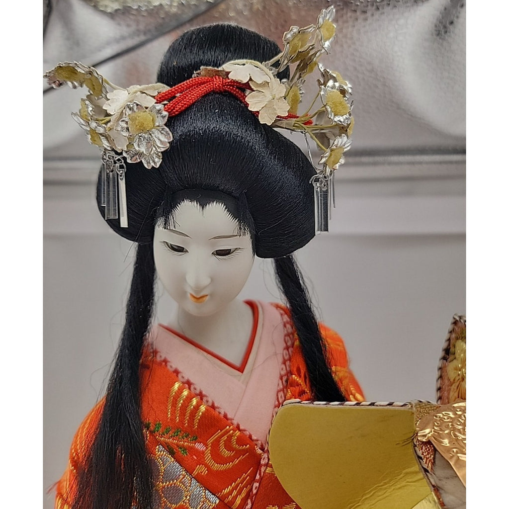 Nishi Geisha Doll 16" Kabuto Helmet Crown Japanese Lady Figurine Red Kimono