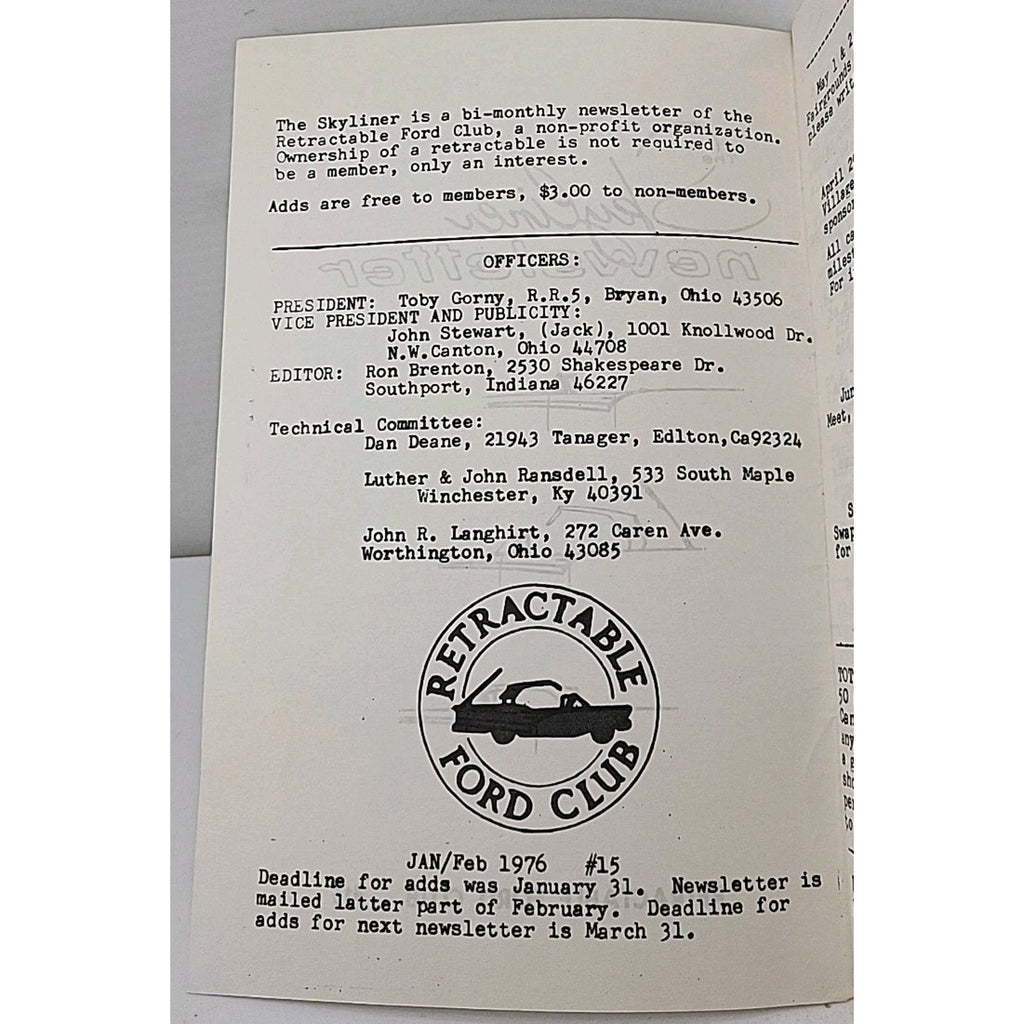 The Skyliner Newsletter - Retractable Ford Club #15 - January/February 1976