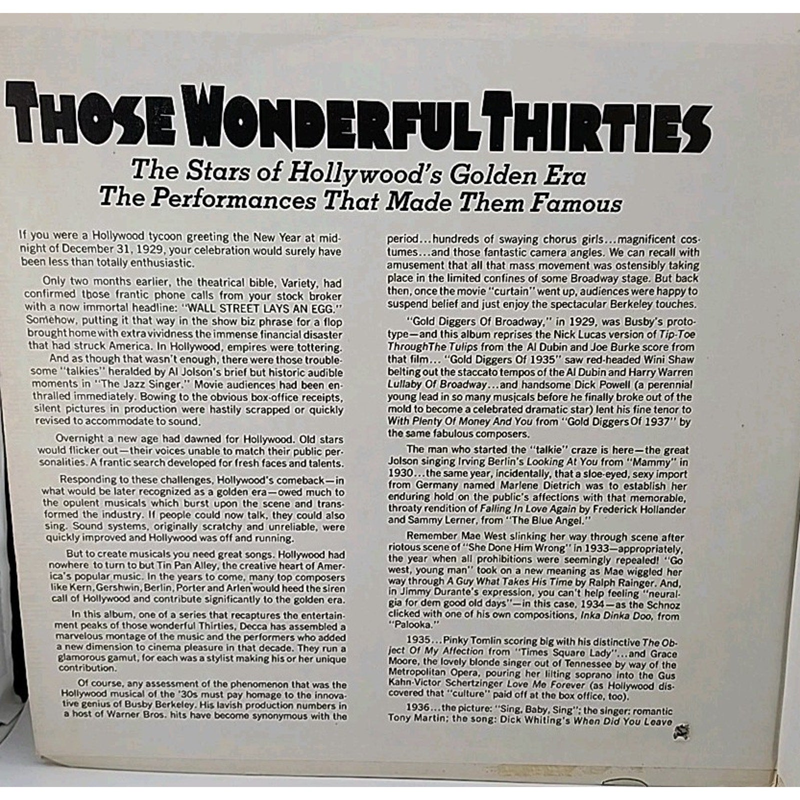 Those Wonderful Thirties The Stars of Hollywood's Golden Era (2 Record Albums)