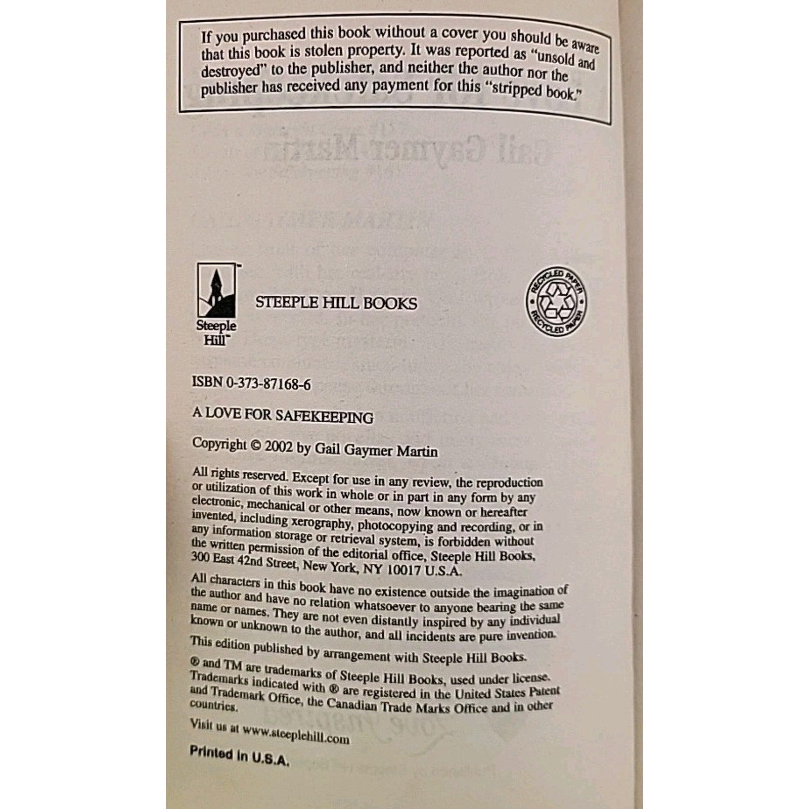 Love for Safekeeping by Gail Gaymer Martin (2001, Mass Market)