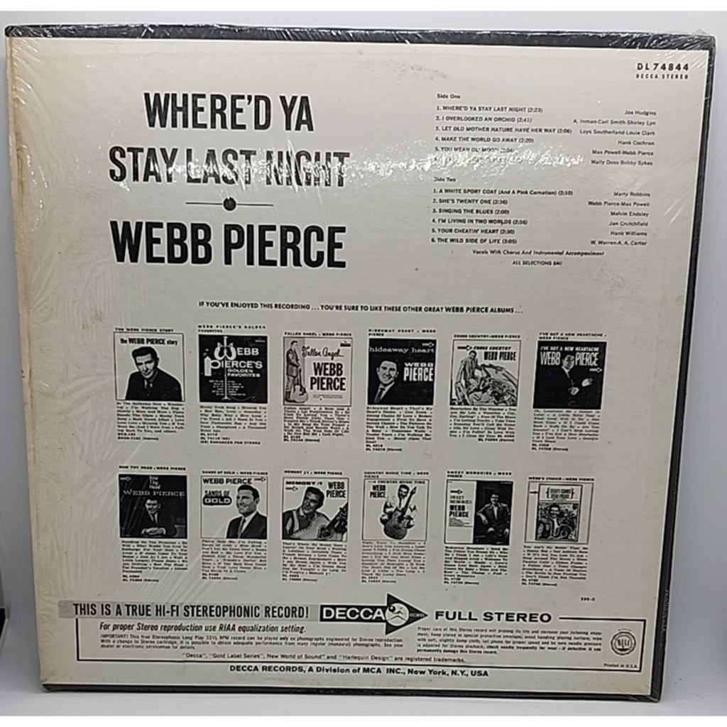 Webb Pierce Where'd Ya Stay Last Night DL 74844 1967 (Record)