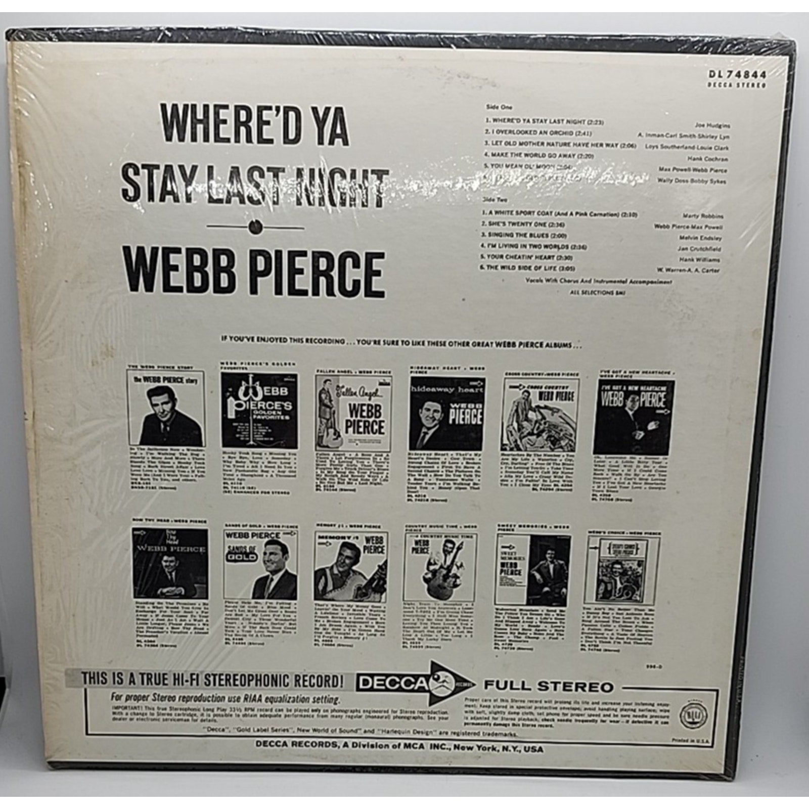 Webb Pierce Where'd Ya Stay Last Night DL 74844 1967 (Record)