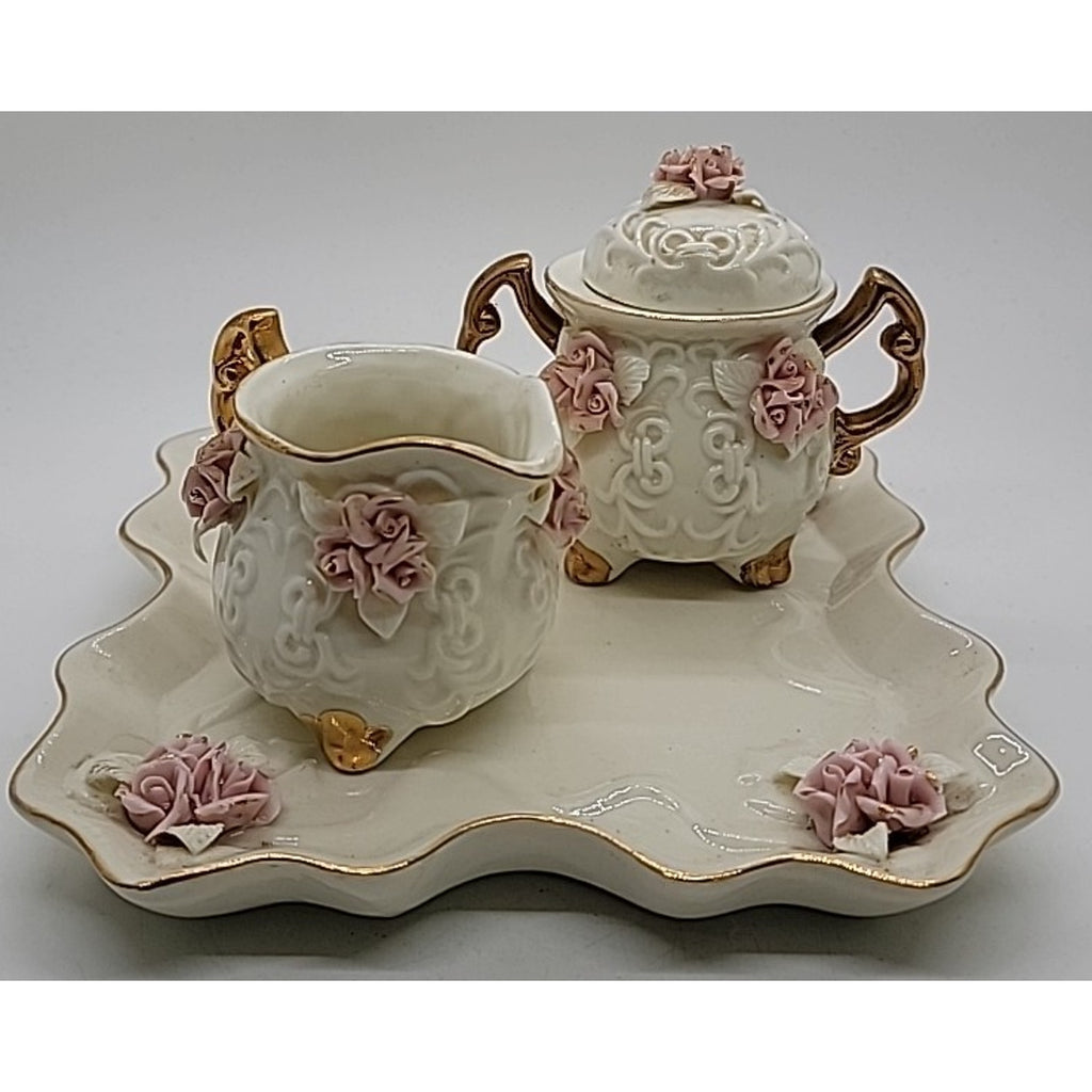 Cracker Barrel Ivory Porcelain 4pc Tea Set Pink Roses & Gold Trim