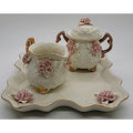 Cracker Barrel Ivory Porcelain 4pc Tea Set Pink Roses & Gold Trim