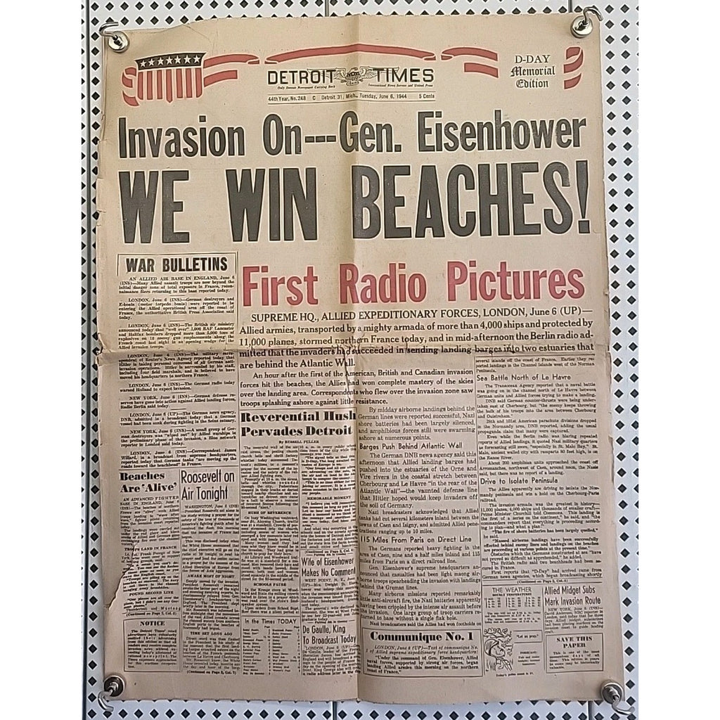 Detroit Times Newspaper - Invasion On - Gen. Eisenhower We Win Beaches - June 6