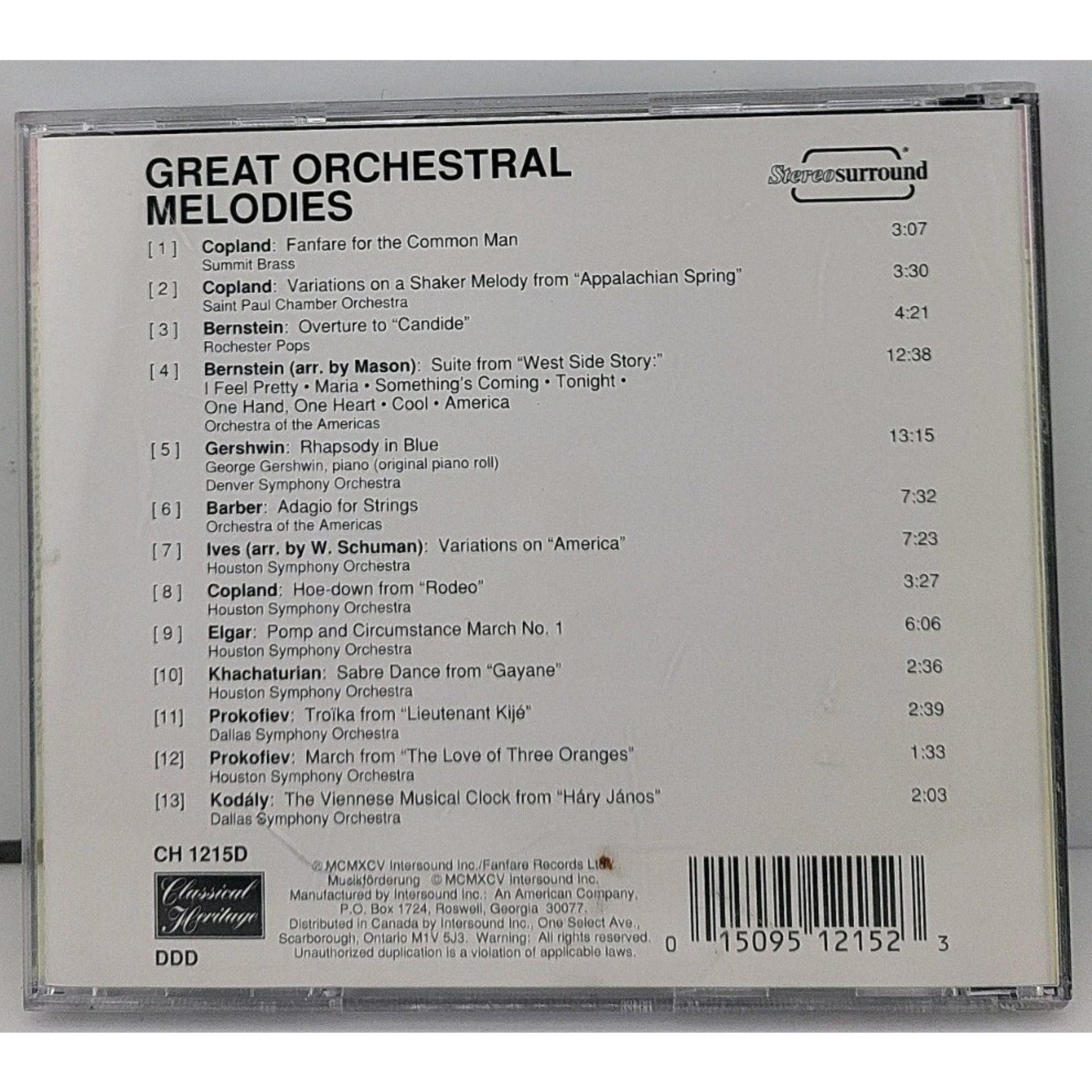 Great Orchestral Melodies CD 1995 Intersound Fanfare Pachelbel Bach Handel