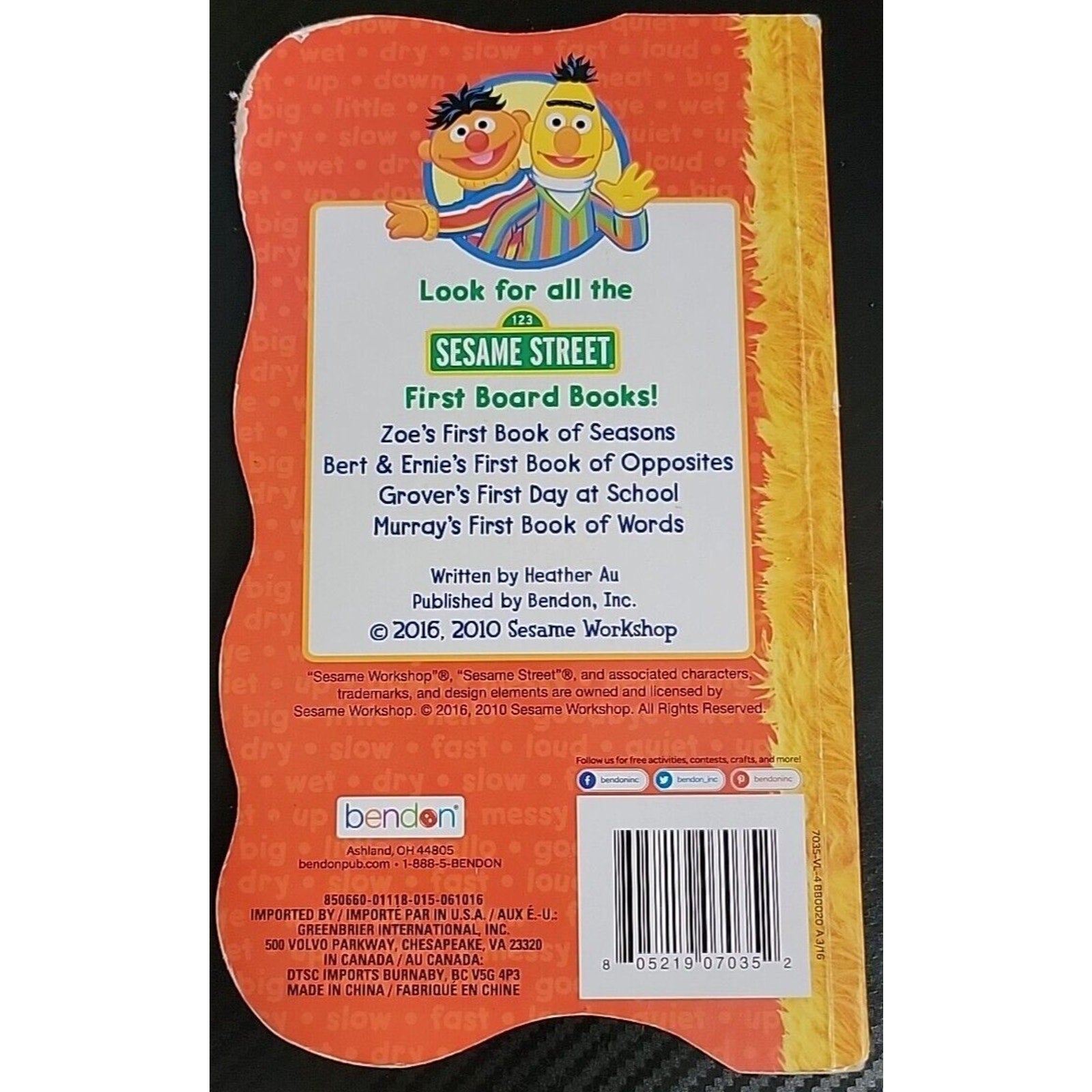 Bendon Sesame Street Bert & Ernie's First Book of Opposites Board Book